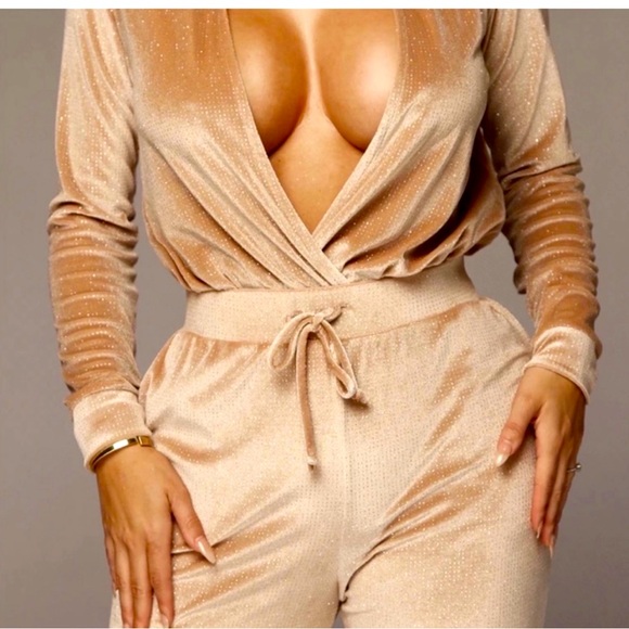 Showstopper JLUXLABEL tan champagne jogger bodysuit set top and pants set - Picture 1 of 9